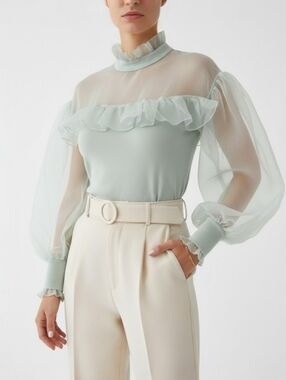 NWT Zara Organza Blouse Sheer Puff Sleeve Ruffle Pastel Green Knit Top S